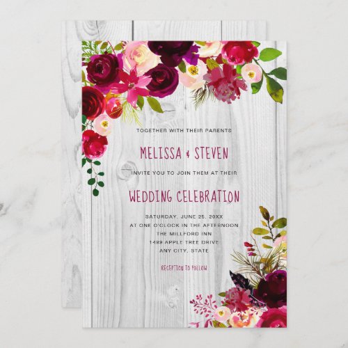 Rustic burgundy floral Wedding  white wood Invitation