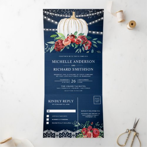 Rustic Burgundy Floral White Pumpkin Navy Wedding Tri_Fold Invitation