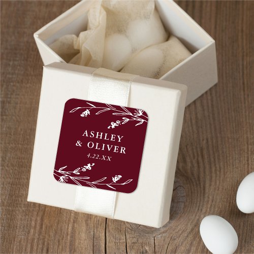 Rustic Burgundy Floral Wildflower Wedding Favor Square Sticker