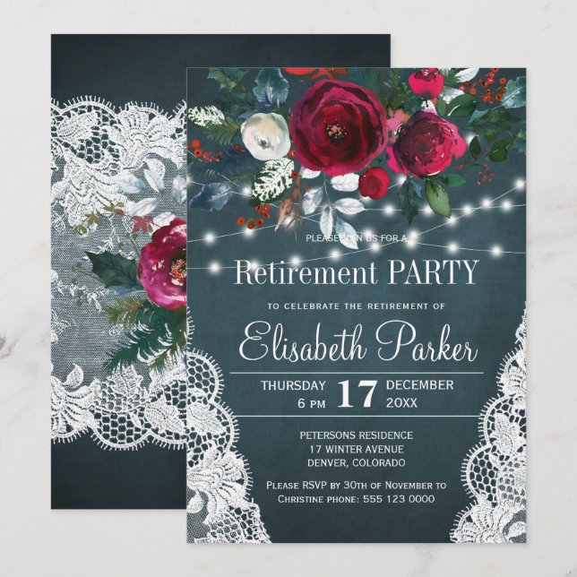 Rustic burgundy floral winter retirement party invitation (Front/Back)