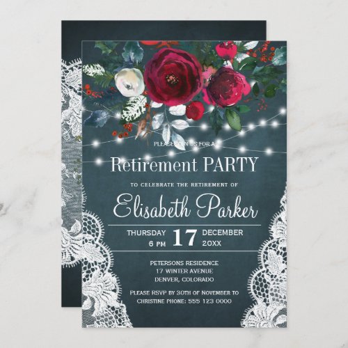 Rustic burgundy floral winter retirement party invitation