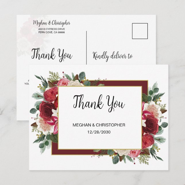Rustic Burgundy Floral Winter Wedding Thank You Postcard (Front/Back)