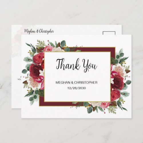 Rustic Burgundy Floral Winter Wedding Thank You Postcard