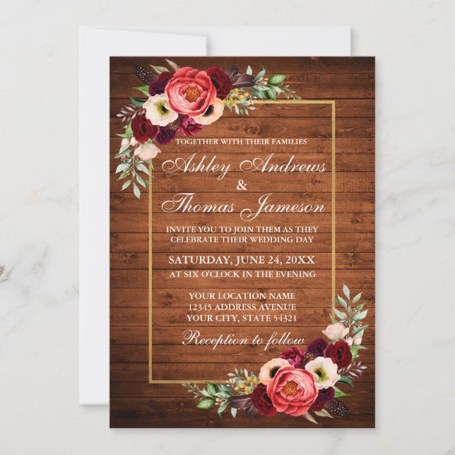 Rustic Burgundy Floral Wood Boho Wedding Invite (Front)