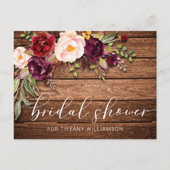 Rustic Burgundy Floral Wood Bridal Shower Invitation Postcard