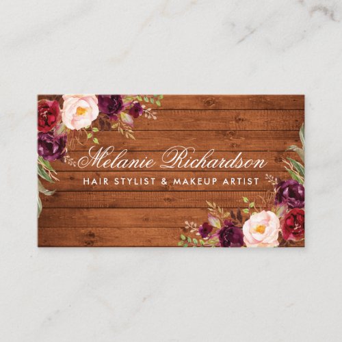Rustic Burgundy Floral Wood Business Card