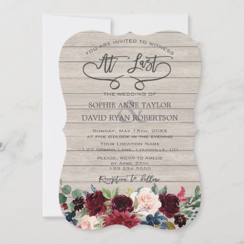 Rustic Burgundy Floral Wood Handwriting Wedding Invitation