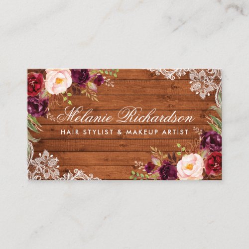 Rustic Burgundy Floral Wood Lace Business Card