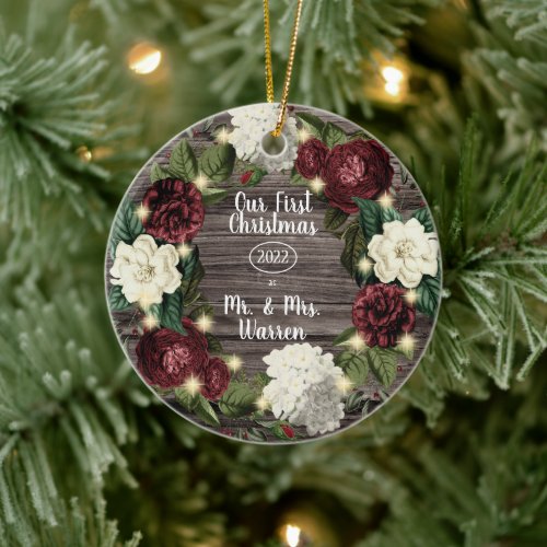 Rustic Burgundy Floral Wood Our First Christmas Ce Ceramic Ornament