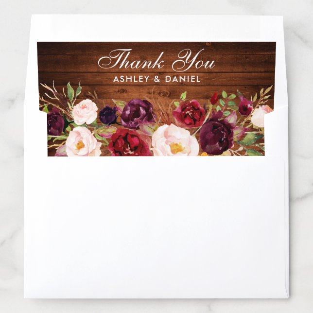 Rustic Burgundy Floral Wood Thank You Wedding Envelope Liner (In Envelope)
