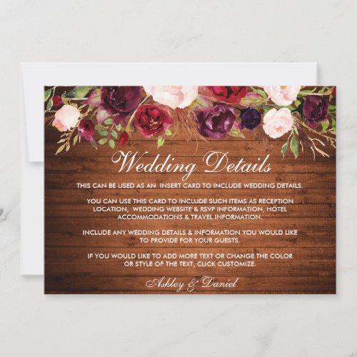 Rustic Burgundy Floral Wood Wedding Details Card