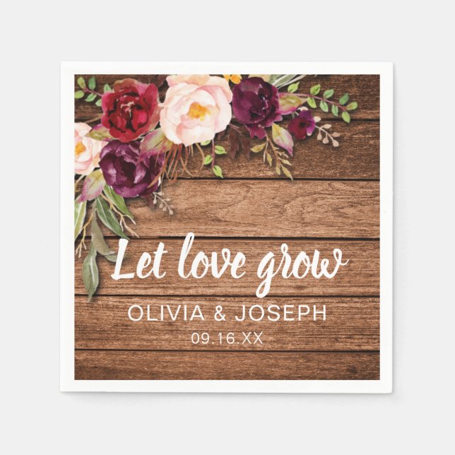 Rustic Burgundy Floral Wood Wedding Favor Paper Napkins (Front)