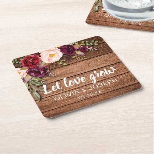 Rustic Burgundy Floral Wood Wedding Favor Square Paper Coaster