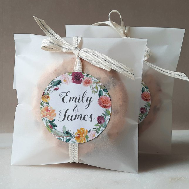 Rustic Burgundy Floral Wreath Monogram Wedding Classic Round Sticker (Creator Uploaded)