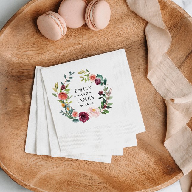 Rustic Burgundy Floral Wreath Monogram Wedding Napkins (Creator Uploaded)