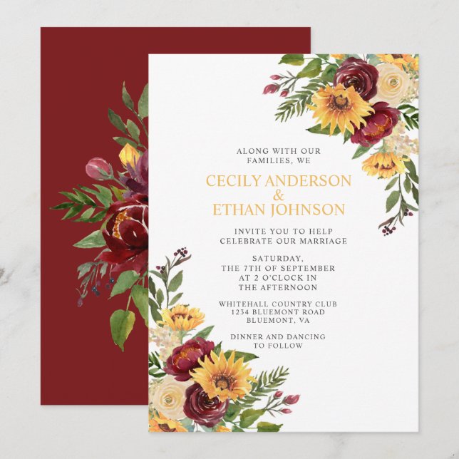 Rustic Burgundy Floral Yellow Sunflowers Wedding Invitation (Front/Back)