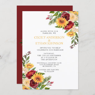 Rustic Burgundy Floral Yellow Sunflowers Wedding Invitation