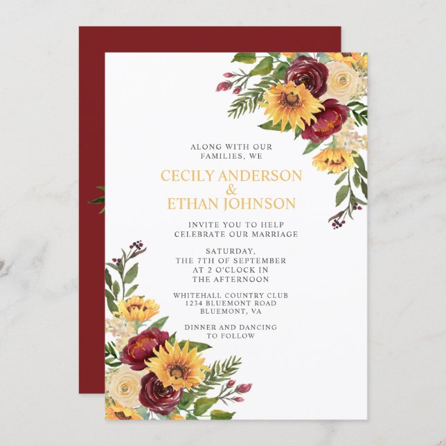 Rustic Burgundy Floral Yellow Sunflowers Wedding Invitation (Front/Back)