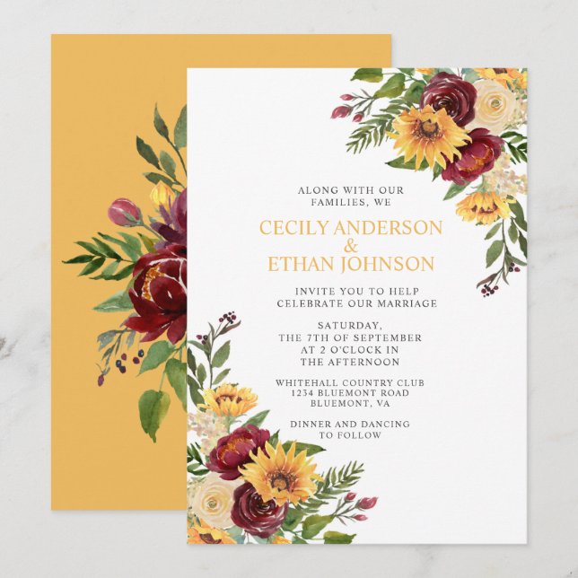 Rustic Burgundy Floral Yellow Sunflowers Wedding Invitation (Front/Back)