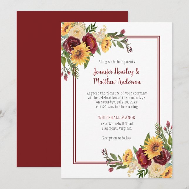 Rustic Burgundy Floral Yellow Sunflowers Wedding Invitation (Front/Back)