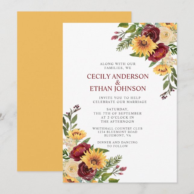 Rustic Burgundy Floral Yellow Sunflowers Wedding Invitation (Front/Back)