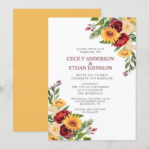 Rustic Burgundy Floral Yellow Sunflowers Wedding Invitation