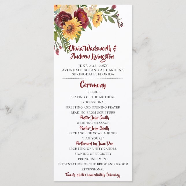 Rustic Burgundy Floral Yellow Sunflowers Wedding Program (Front)