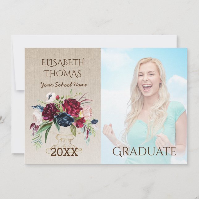 Rustic Burgundy Flowers Burlap Photo Graduation Invitation (Front)