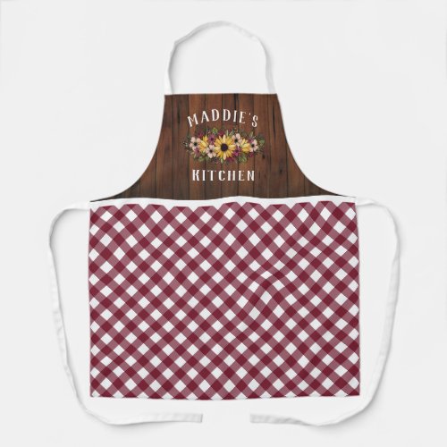 Rustic Burgundy Gingham Floral Bouquet Add Name Apron