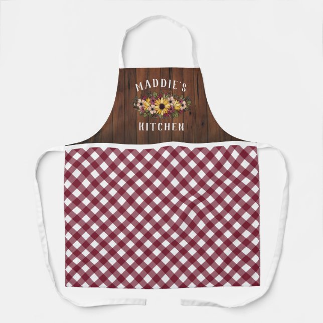 Rustic Burgundy Gingham Floral Bouquet Add Name Apron (Front)