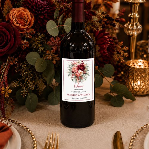 Rustic Burgundy Gold Eucalyptus Autumn boho floral Wine Label
