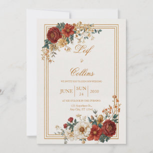 Rustic Burgundy Gold Floral Autumn Wedding Invitation