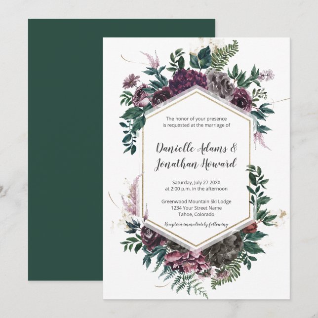 Rustic Burgundy Gray Geometric Floral Wedding Invitation (Front/Back)