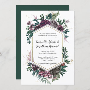 Rustic Burgundy Gray Geometric Floral Wedding Invitation