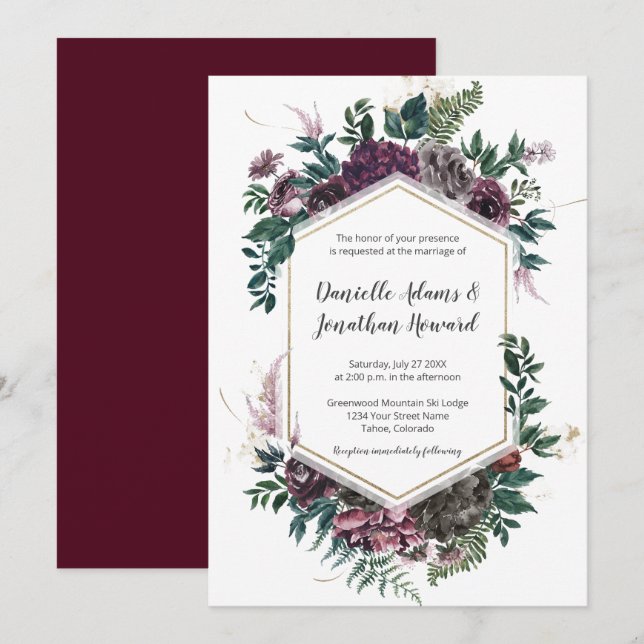 Rustic Burgundy Gray Geometric Floral Wedding Invitation (Front/Back)