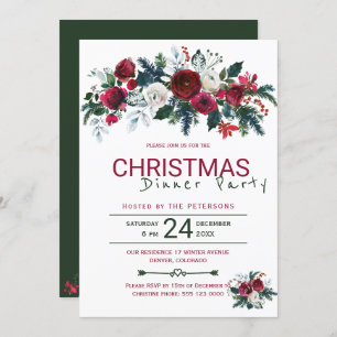 Rustic Burgundy Green Christmas Dinner Party Invitation