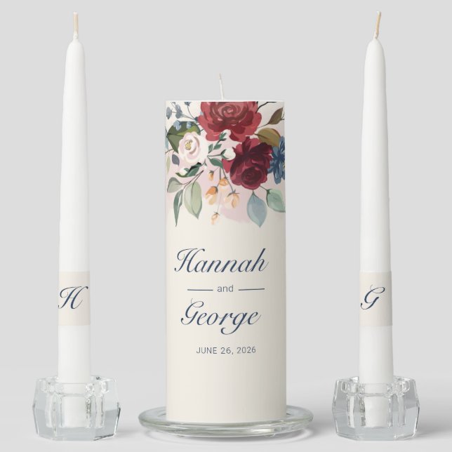 Rustic Burgundy Greenery Floral Script Unity Candle Set (Front)