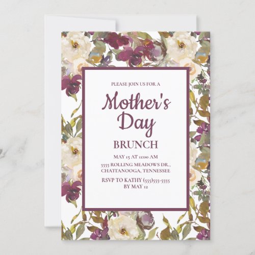 Rustic Burgundy Ivory Cream Floral Mothers Day Invitation