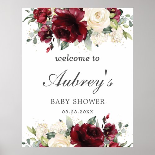 Rustic Burgundy Ivory Floral Baby Shower Welcome Poster
