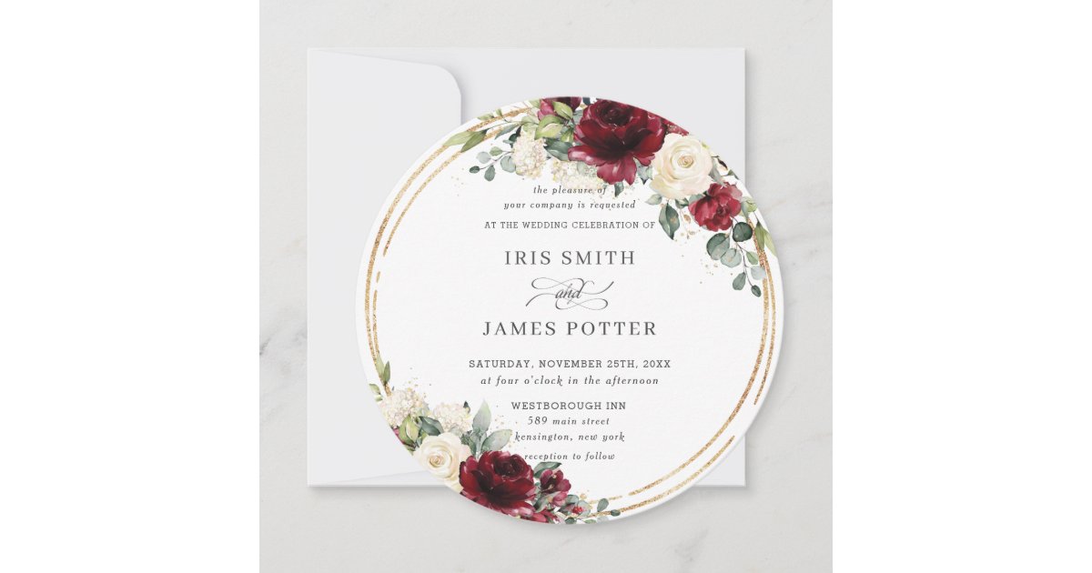Rustic Burgundy Ivory Floral Gold Greenery Wedding Invitation | Zazzle