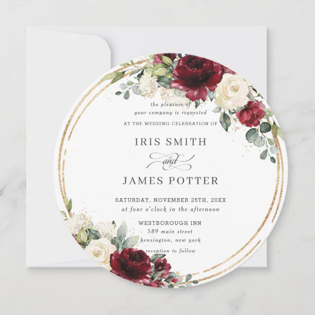 Rustic Burgundy Ivory Floral Gold Greenery Wedding Invitation | Zazzle