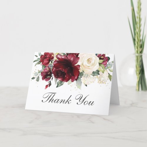 Rustic Burgundy Ivory Floral Wedding Birthday Tent Thank You Card
