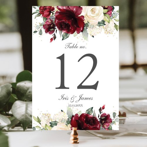 Rustic Burgundy Ivory Floral Wedding Bridal Shower Table Number