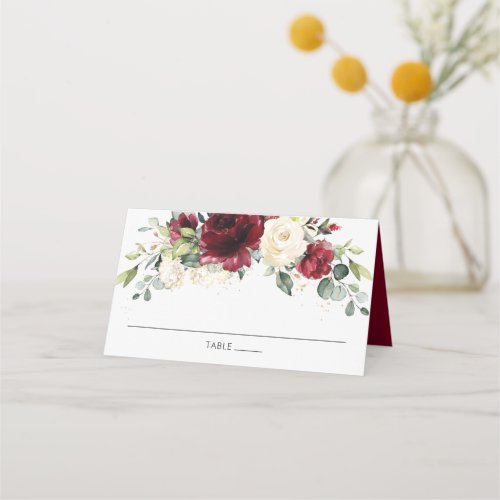 Rustic Burgundy Ivory Floral Wedding Guest Name Place Card