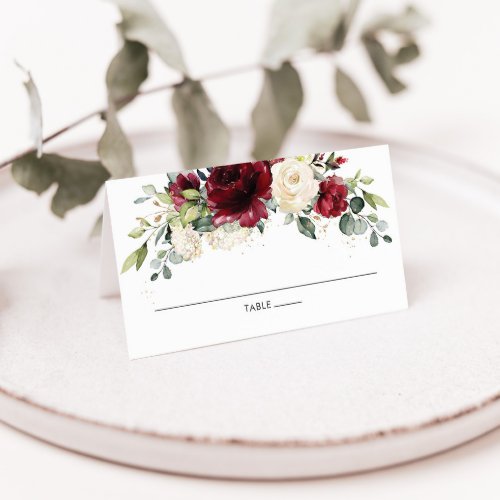 Rustic Burgundy Ivory Floral Wedding Guest Name Place Card