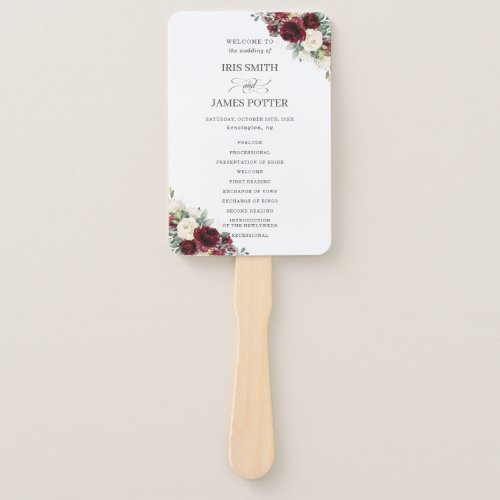 Rustic Burgundy Ivory Floral Wedding Program Hand Fan