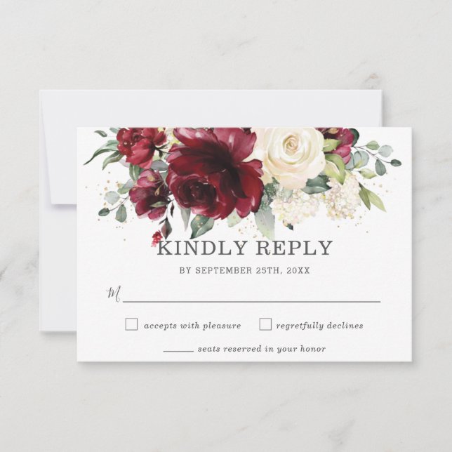 Rustic Burgundy Ivory Floral Wedding RSVP Card (Front)