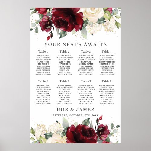 Rustic Burgundy Ivory Floral Wedding Seating Chart