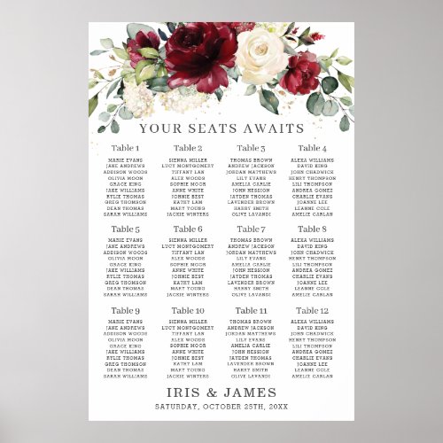Rustic Burgundy Ivory Floral Wedding Seating Chart