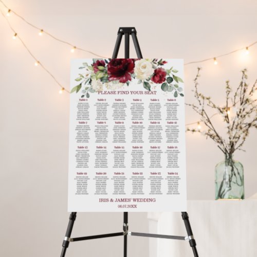 Rustic Burgundy Ivory Floral Wedding Seating Chart Foam Board